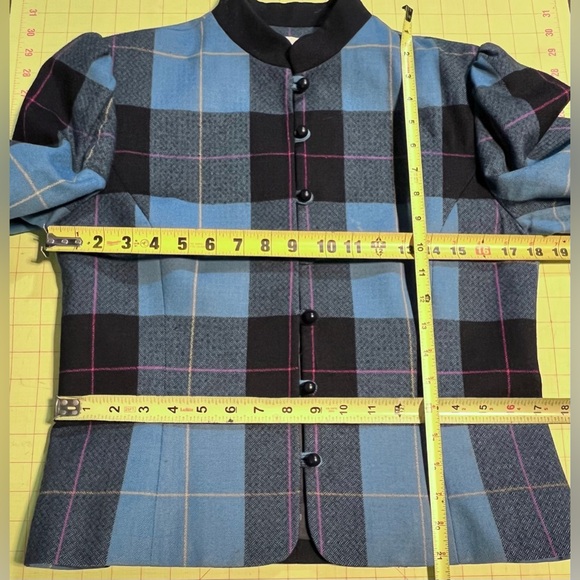 VINTAGE 80s wool tartan plaid blazer jacket button front collarless tailored 90s - Picture 9 of 12